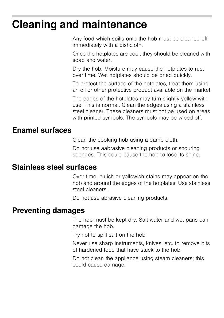 Cleaning and maintenance, Enamel surfaces, Stainless steel surfaces | Preventing damages | Siemens EA125501 User Manual | Page 15 / 101