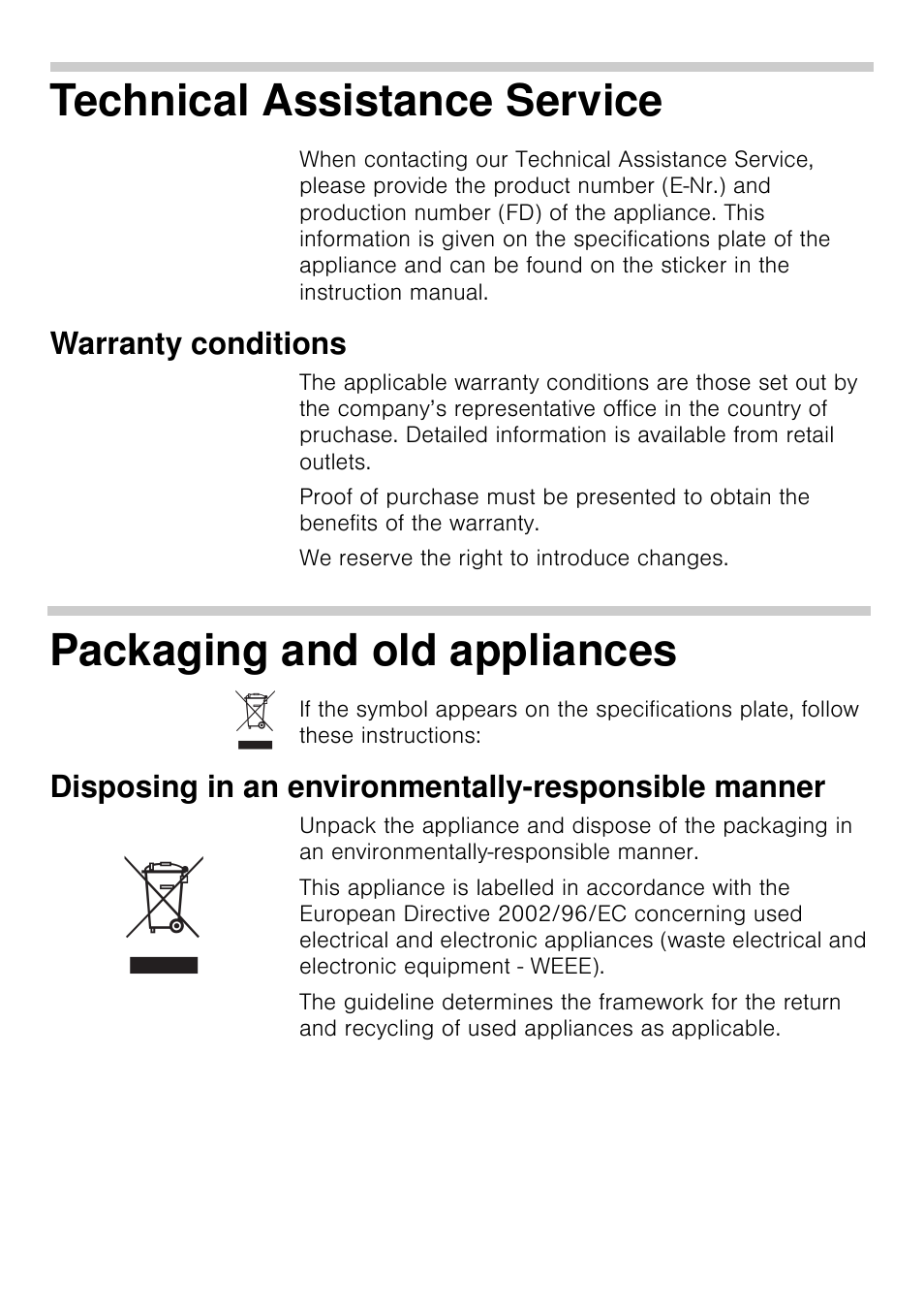 Technical assistance service, Warranty conditions, Packaging and old appliances | Disposing in an environmentally-responsible manner | Siemens EA125501 User Manual | Page 16 / 101