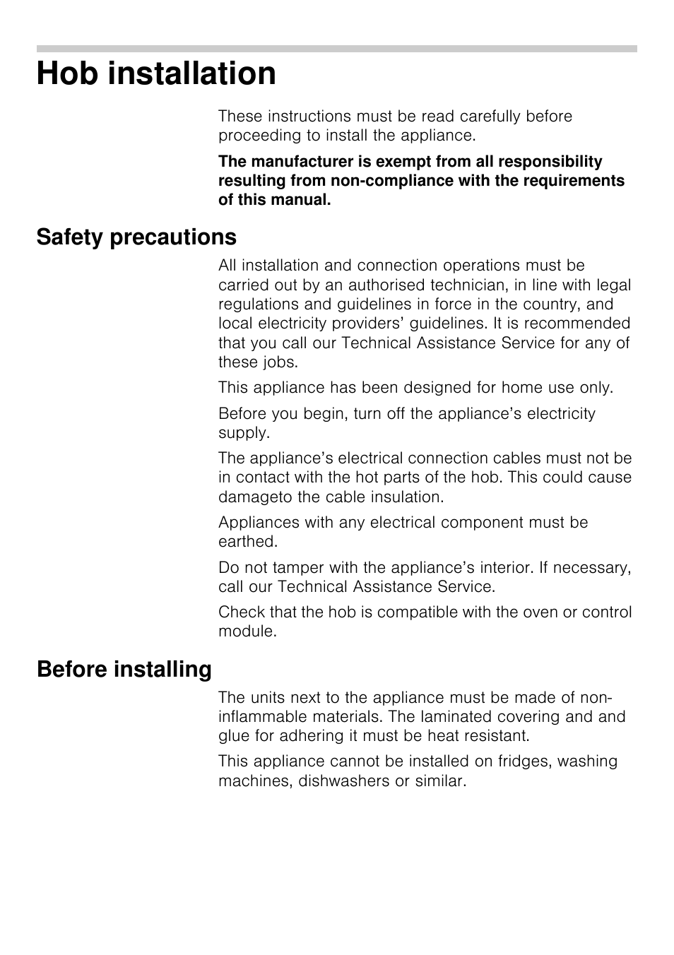 Hob installation, Safety precautions, Before installing | Siemens EA125501 User Manual | Page 17 / 101