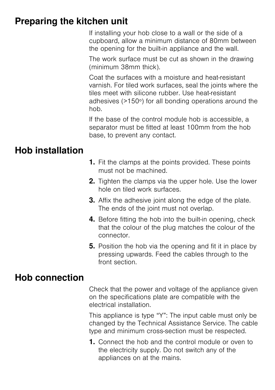 Preparing the kitchen unit, Hob installation, Hob connection | Siemens EA125501 User Manual | Page 18 / 101