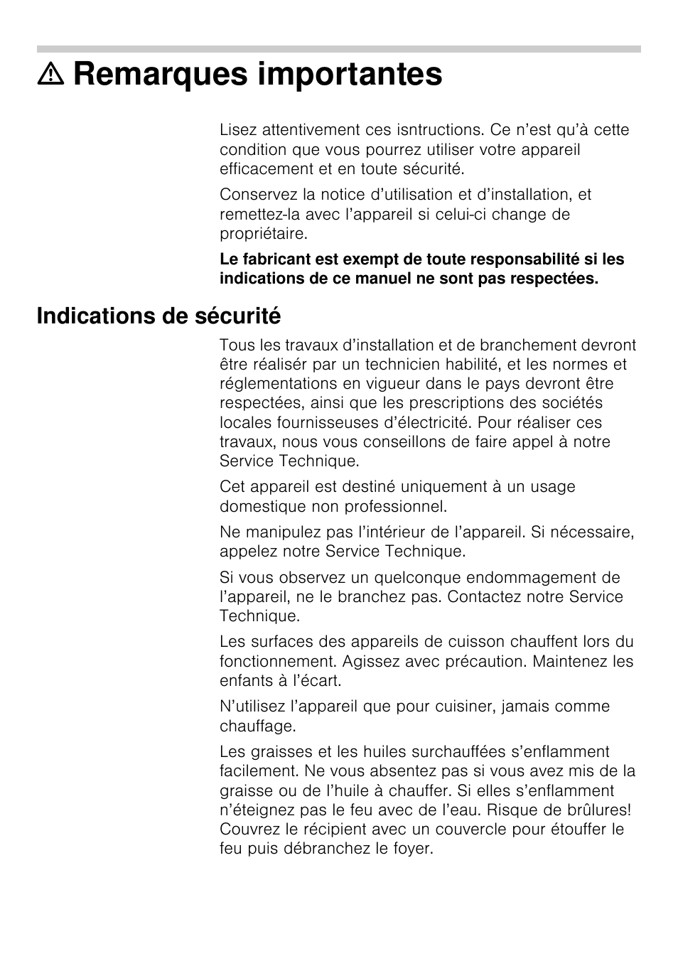 Remarques importantes, Indications de sécurité | Siemens EA125501 User Manual | Page 30 / 101