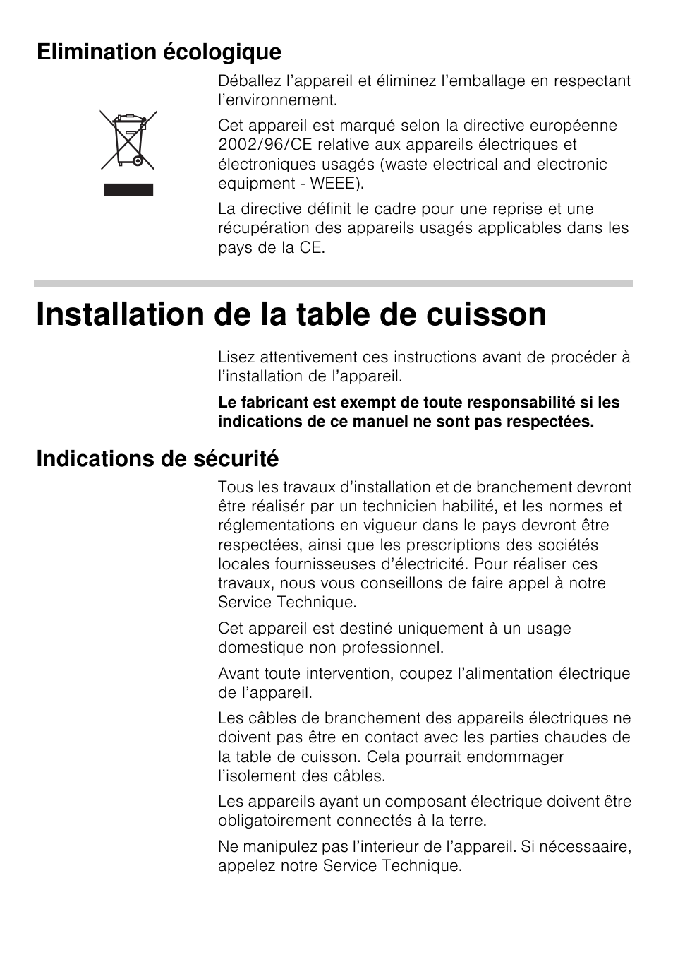 Elimination écologique, Installation de la table de cuisson, Indications de sécurité | Siemens EA125501 User Manual | Page 35 / 101