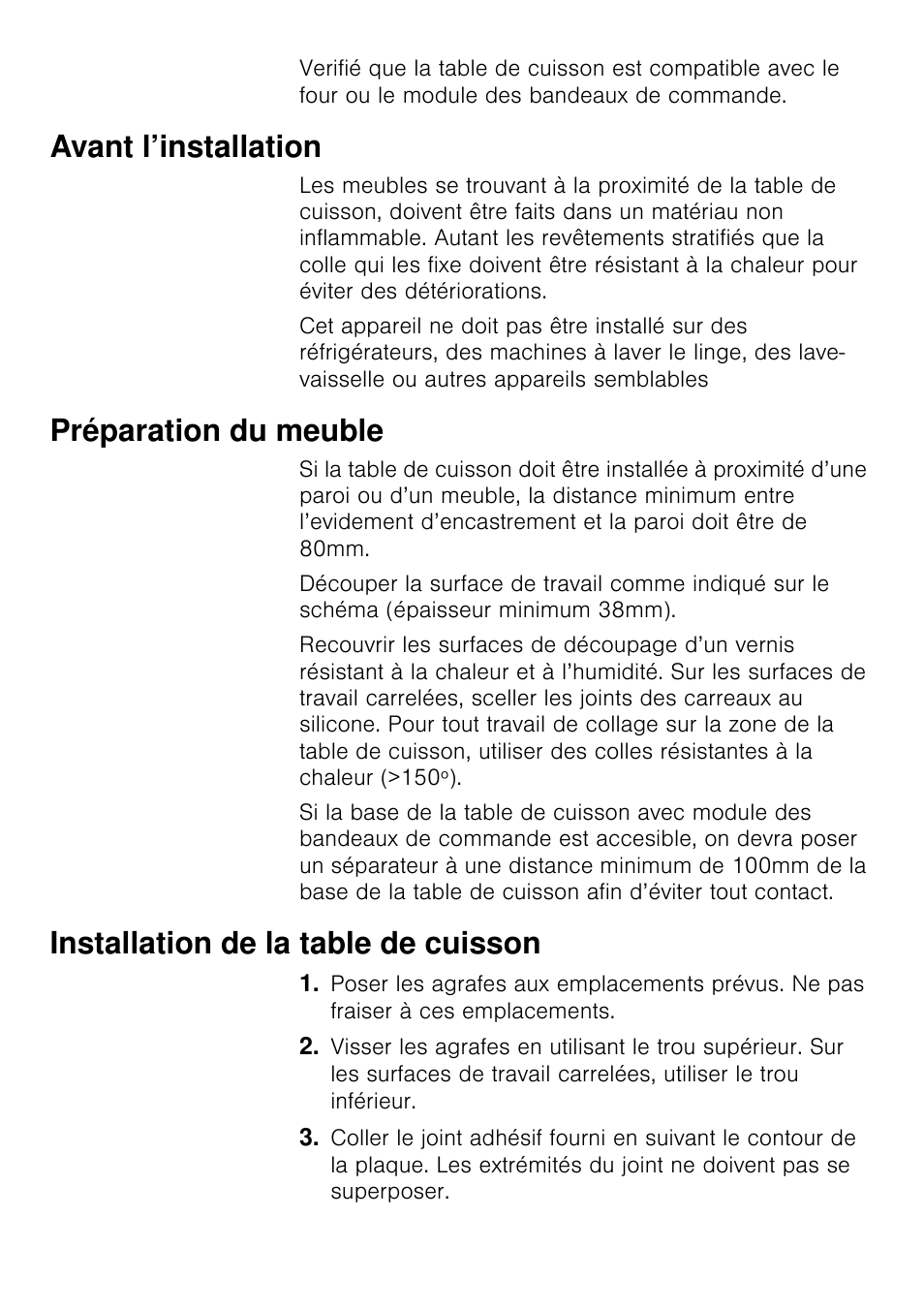 Avant l’installation, Préparation du meuble, Installation de la table de cuisson | Siemens EA125501 User Manual | Page 36 / 101