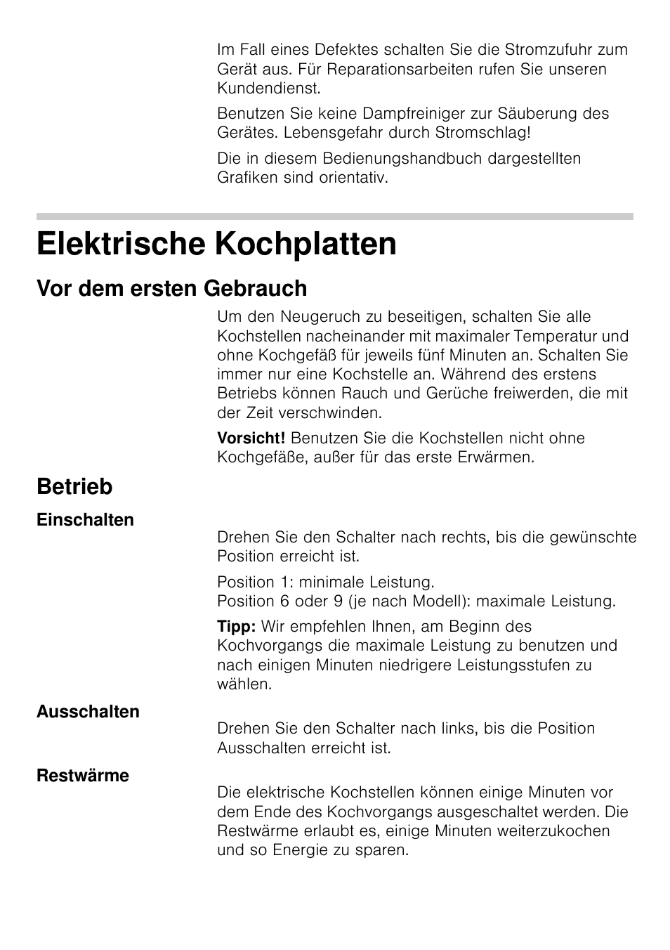 Elektrische kochplatten, Vor dem ersten gebrauch, Betrieb | Einschalten, Ausschalten, Restwärme | Siemens EA125501 User Manual | Page 4 / 101