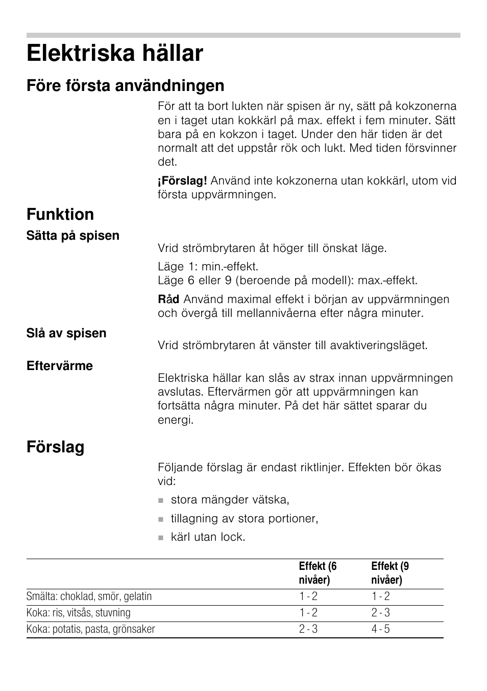 Elektriska hällar, Före första användningen, Funktion | Förslag | Siemens EA125501 User Manual | Page 68 / 101