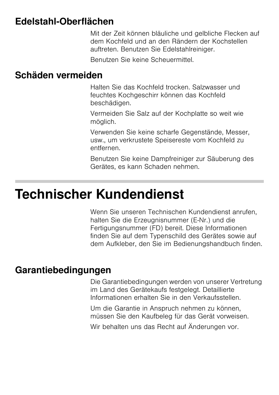 Edelstahl-oberflächen, Schäden vermeiden, Technischer kundendienst | Garantiebedingungen | Siemens EA125501 User Manual | Page 7 / 101