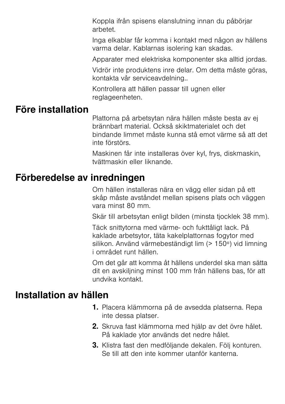 Före installation, Förberedelse av inredningen, Installation av hällen | Siemens EA125501 User Manual | Page 72 / 101