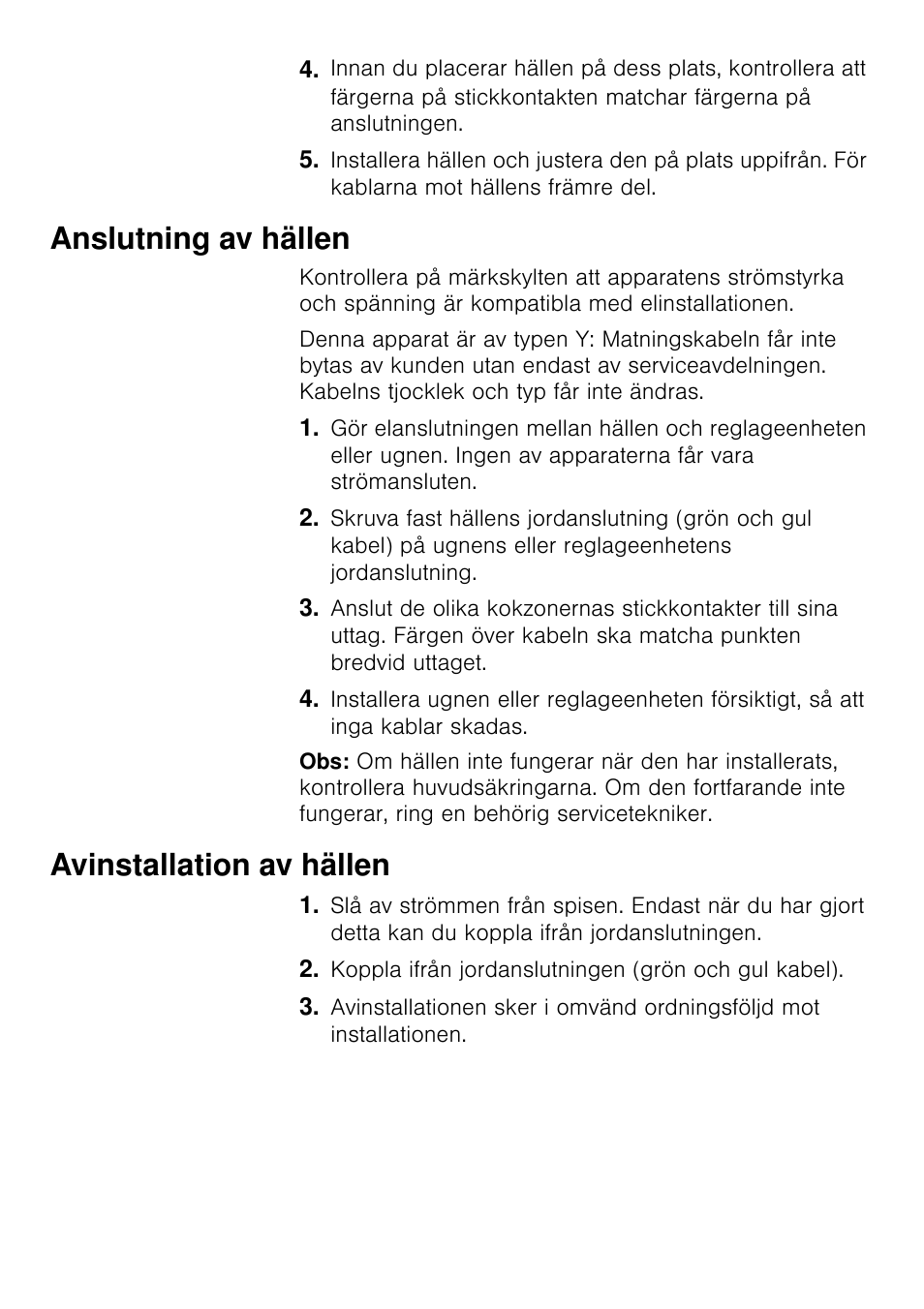 Anslutning av hällen, Avinstallation av hällen | Siemens EA125501 User Manual | Page 73 / 101