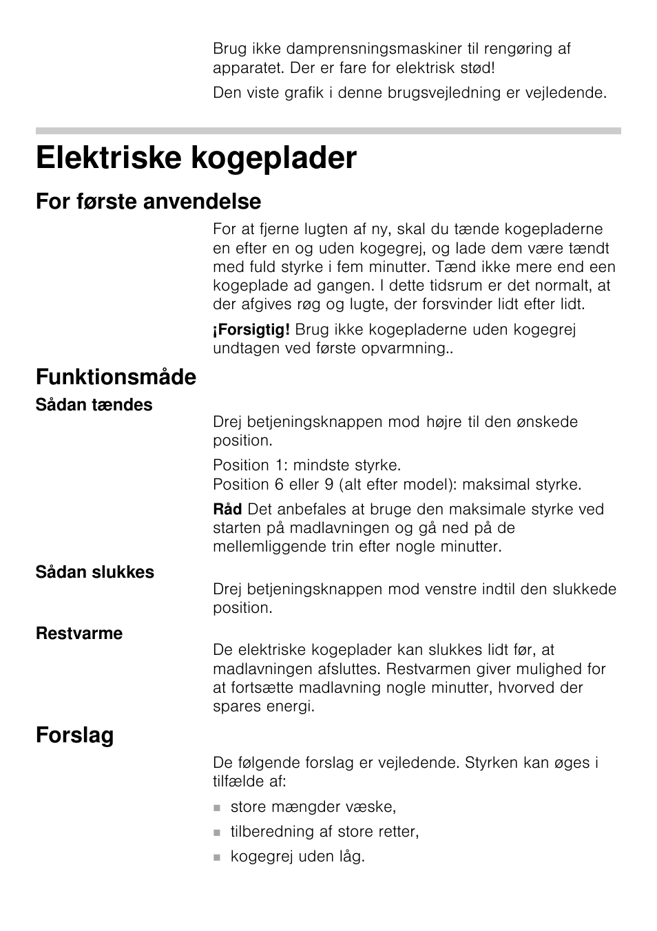 Elektriske kogeplader, For første anvendelse, Funktionsmåde | Forslag | Siemens EA125501 User Manual | Page 76 / 101