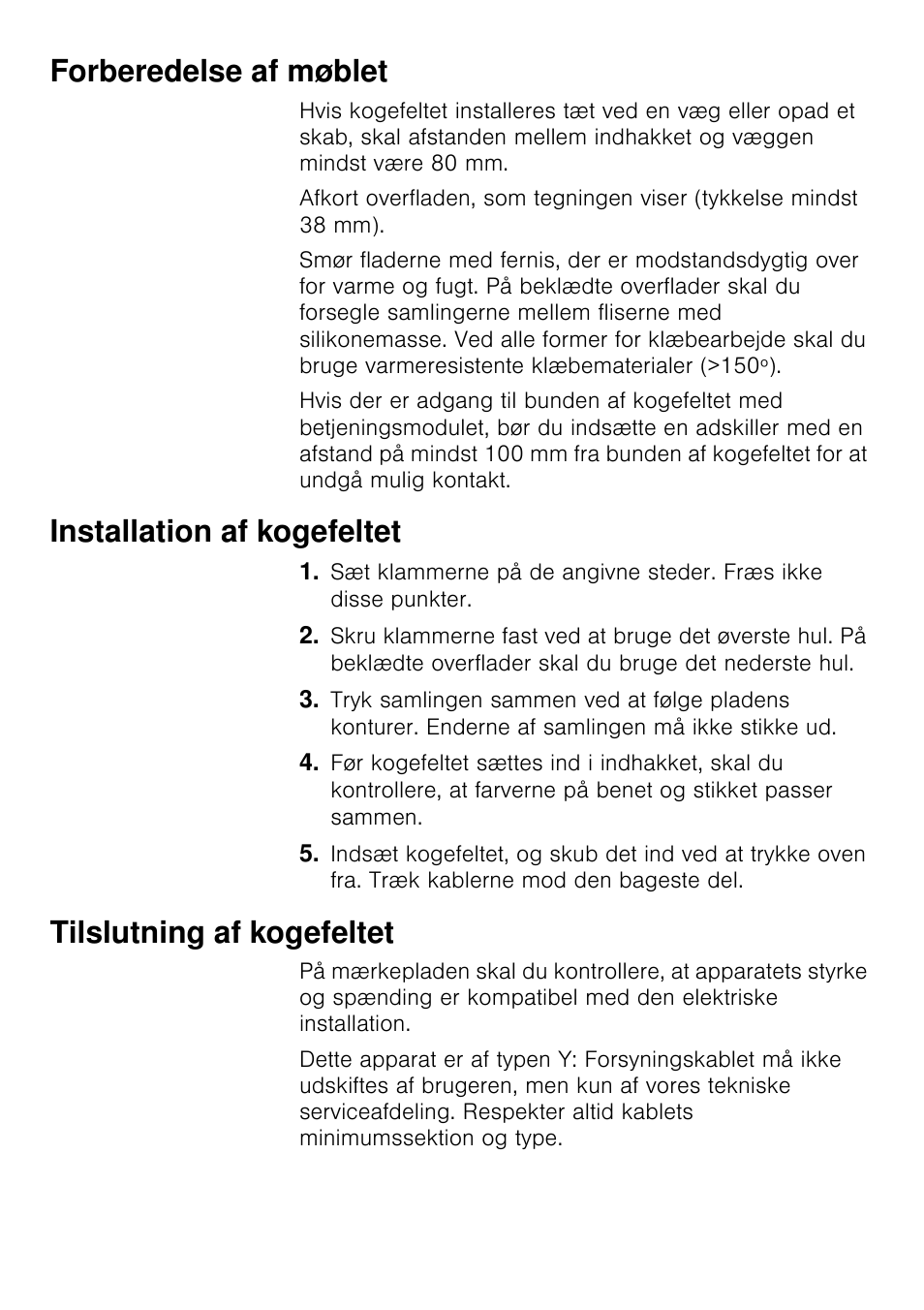 Forberedelse af møblet, Installation af kogefeltet, Tilslutning af kogefeltet | Siemens EA125501 User Manual | Page 81 / 101