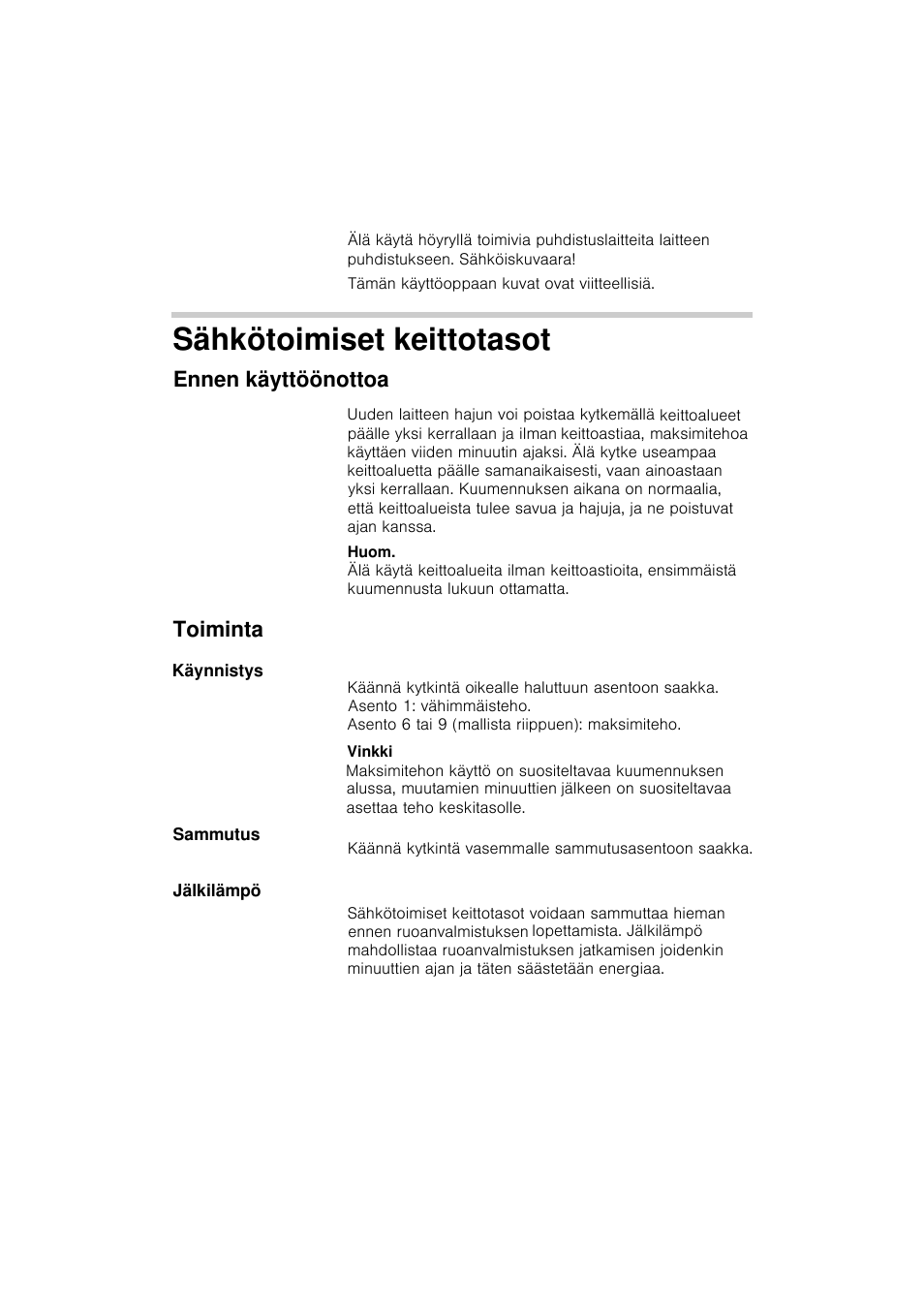 Sähkötoimiset keittotasot, Ennen käyttöönottoa, Toiminta | Siemens EA125501 User Manual | Page 85 / 101