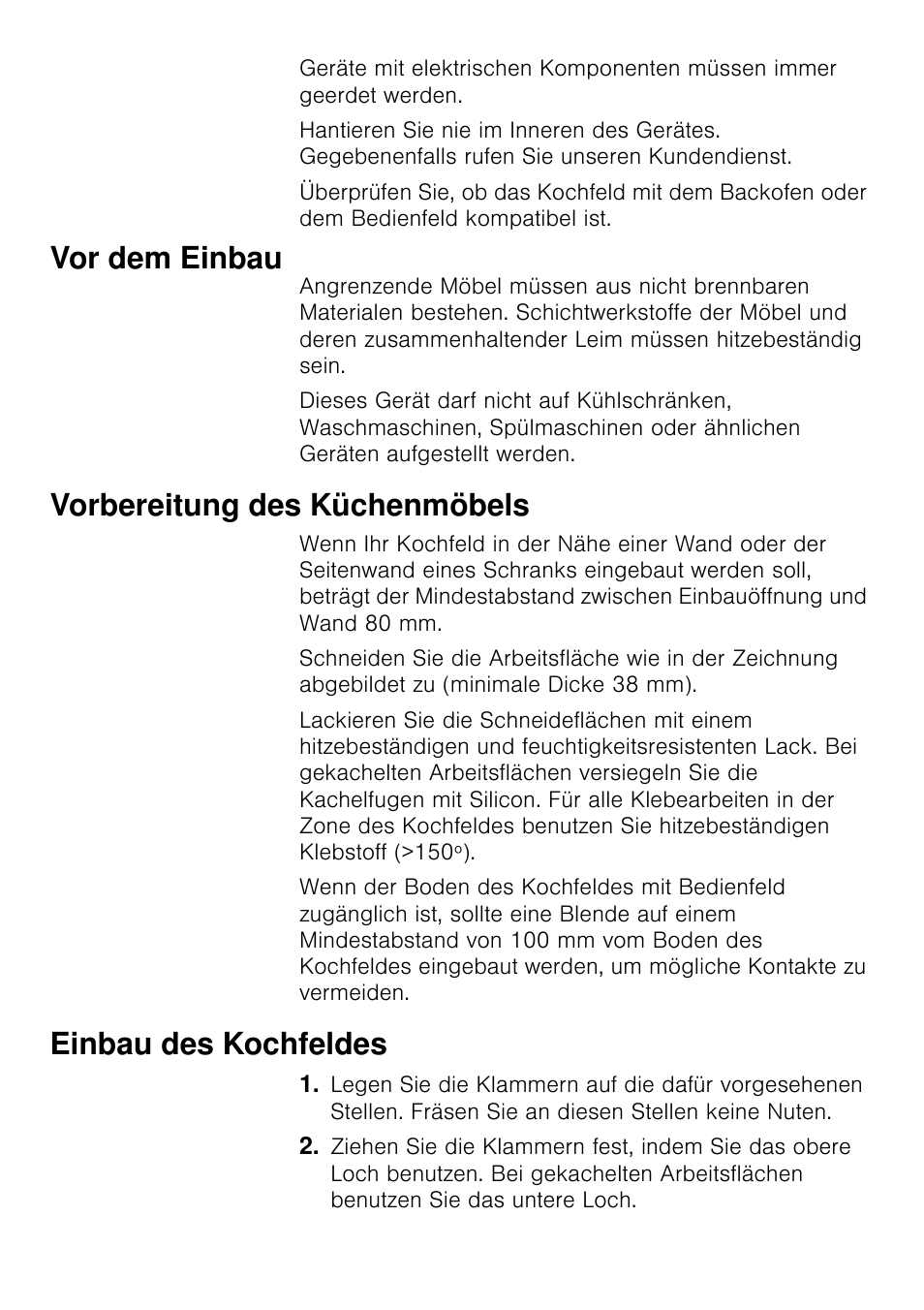 Vor dem einbau, Vorbereitung des küchenmöbels, Einbau des kochfeldes | Siemens EA125501 User Manual | Page 9 / 101