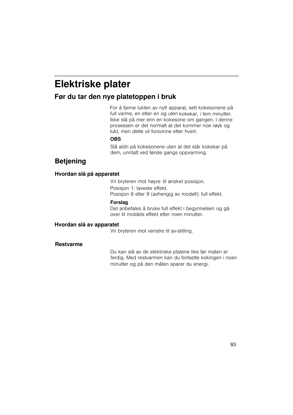 Elektriske plater, Før du tar den nye platetoppen i bruk, Betjening | Siemens EA125501 User Manual | Page 94 / 101