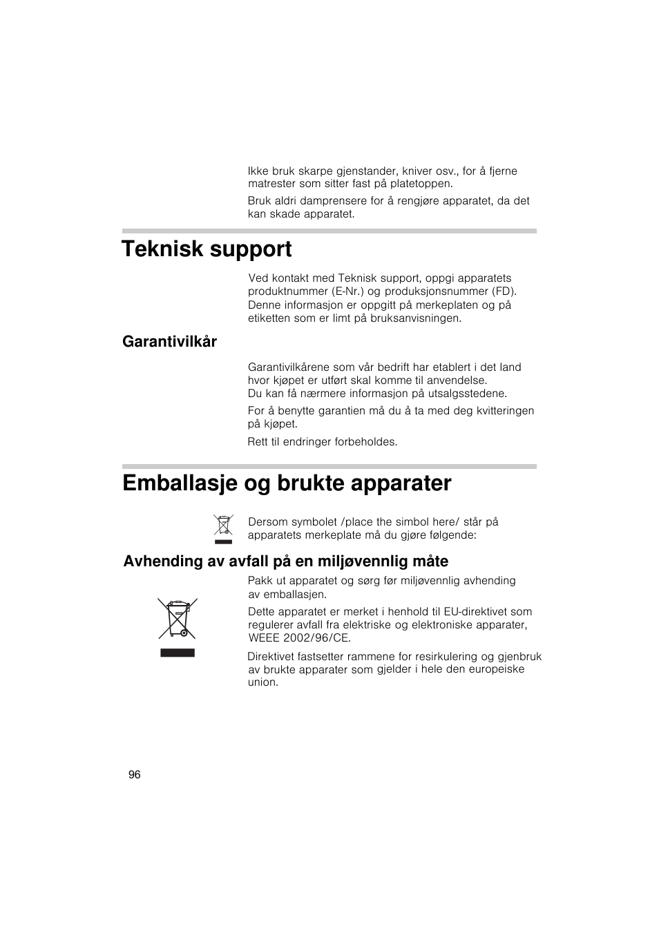 Teknisk support, Emballasje og brukte apparater | Siemens EA125501 User Manual | Page 97 / 101