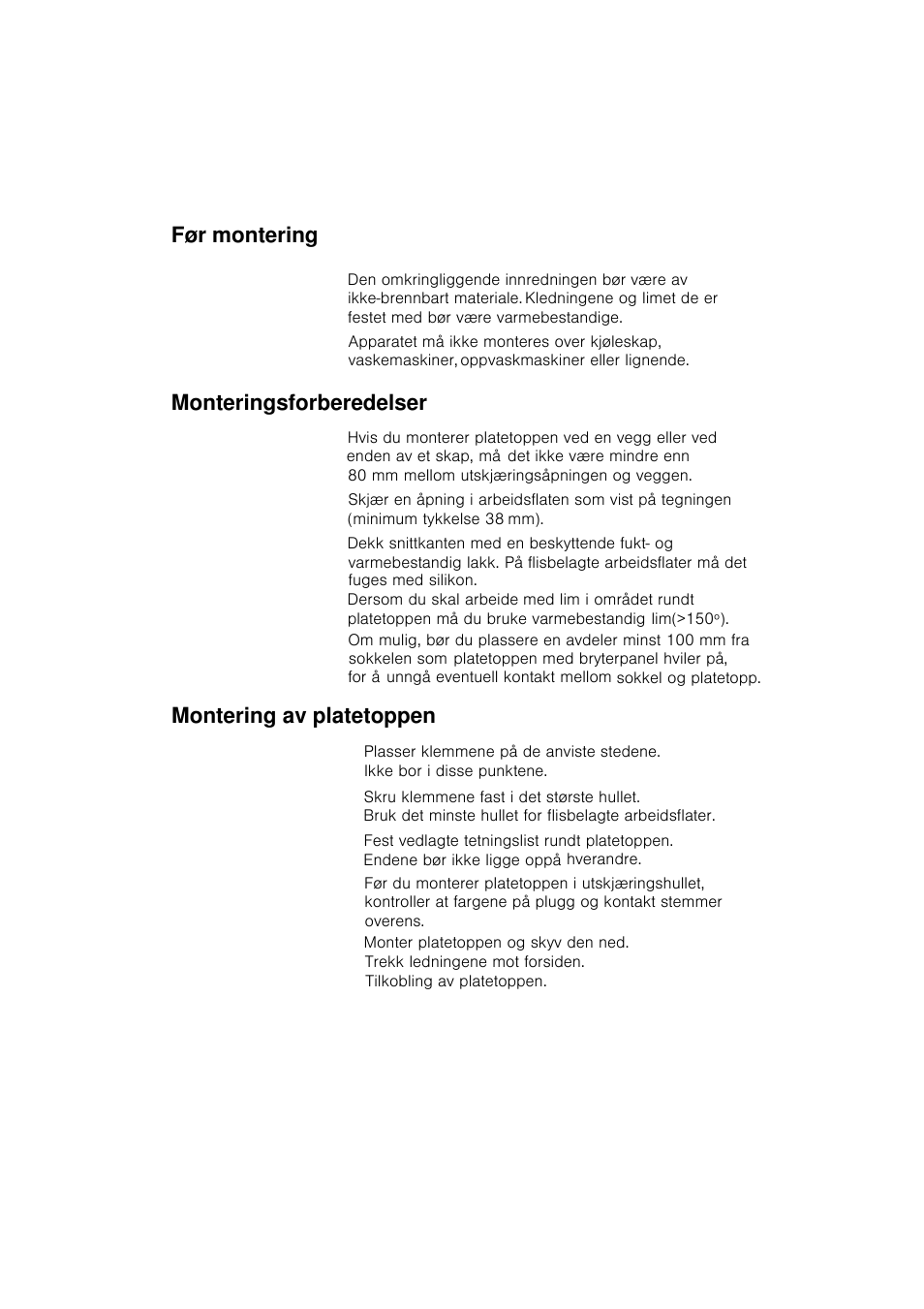 Før montering, Monteringsforberedelser, Montering av platetoppen | Siemens EA125501 User Manual | Page 99 / 101