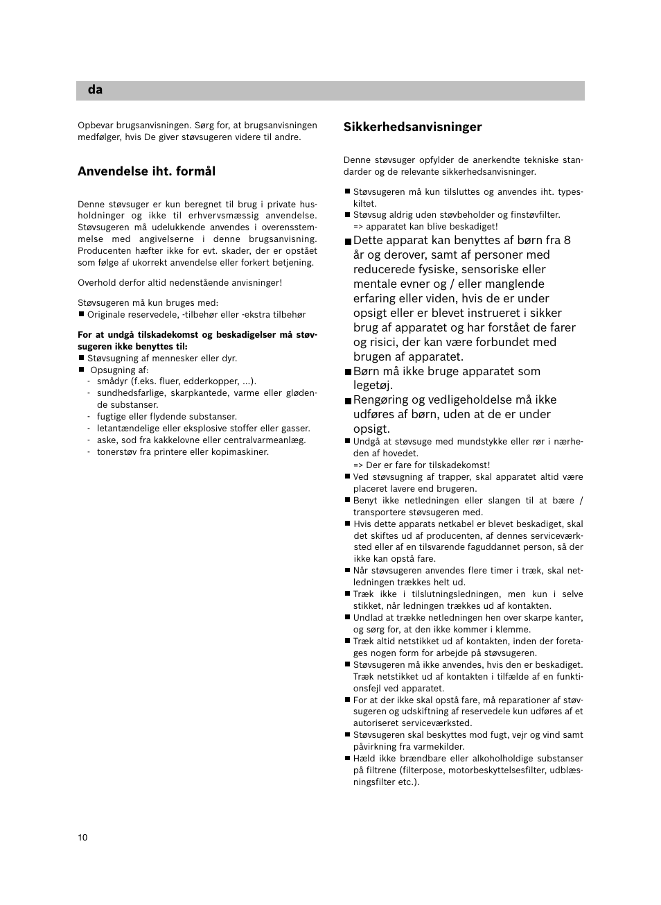 Sikkerhedsanvisninger, De da da da, Anvendelse iht. formål | Siemens VS06G2424 User Manual | Page 11 / 108