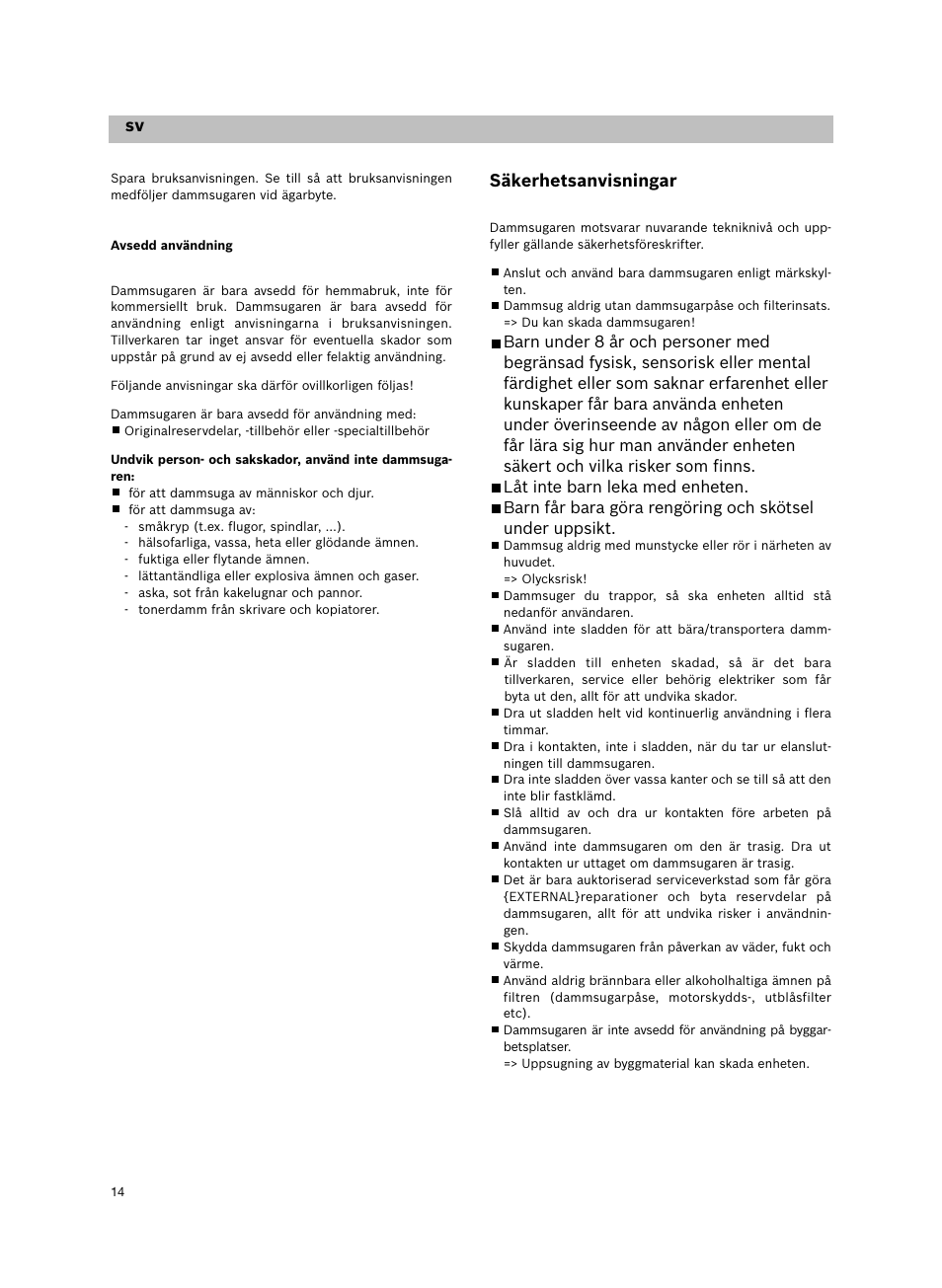 Säkerhetsanvisningar, De sv svsv | Siemens VS06G2424 User Manual | Page 15 / 108