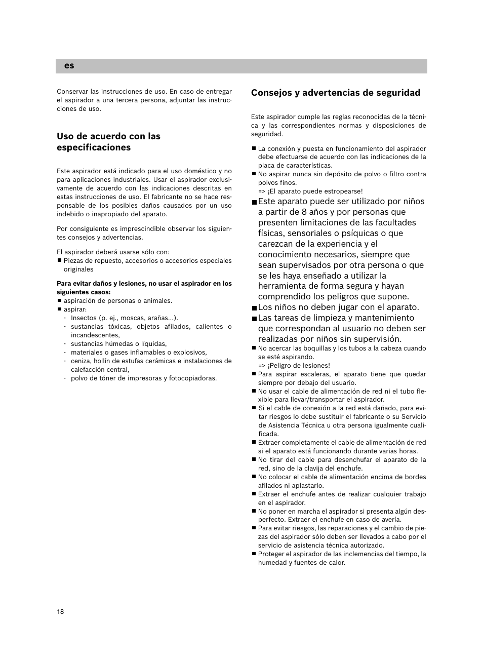 Consejos y advertencias de seguridad, De pt es, Uso de acuerdo con las especificaciones | Siemens VS06G2424 User Manual | Page 19 / 108