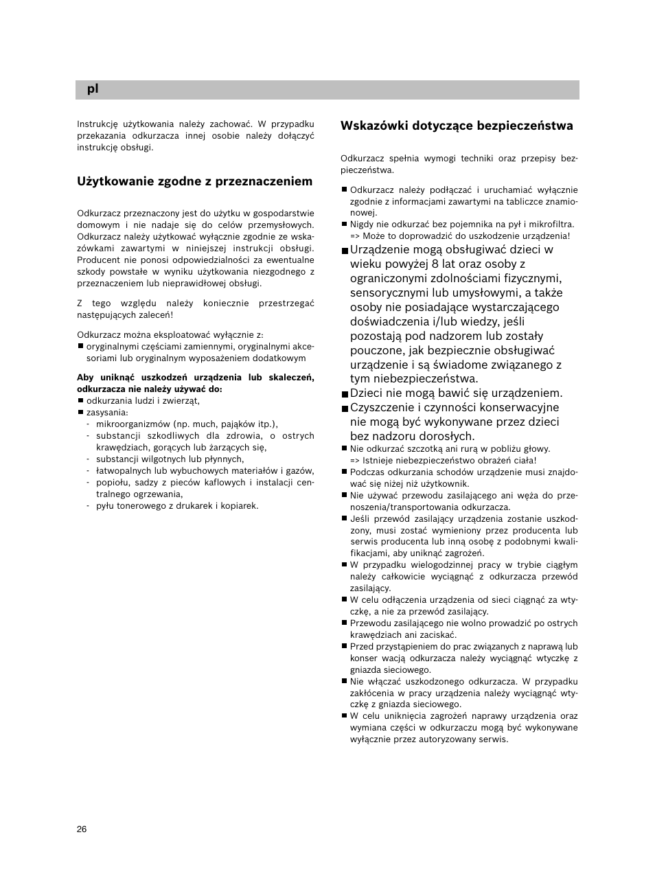 Wskazówki dotyczące bezpieczeństwa, De hu pl, Użytkowanie zgodne z przeznaczeniem | Siemens VS06G2424 User Manual | Page 27 / 108