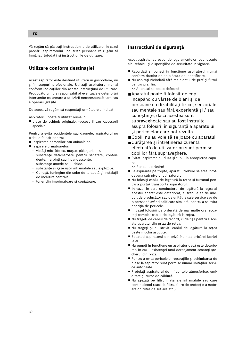 Instrucţiuni de siguranţă, De ru ru ro, Utilizare conform destinaţiei | Siemens VS06G2424 User Manual | Page 33 / 108