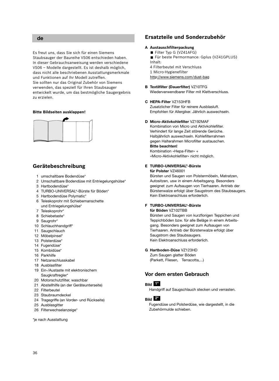 Gerätebeschreibung, Ersatzteile und sonderzubehör, Vor dem ersten gebrauch | Siemens VS06G2424 User Manual | Page 37 / 108