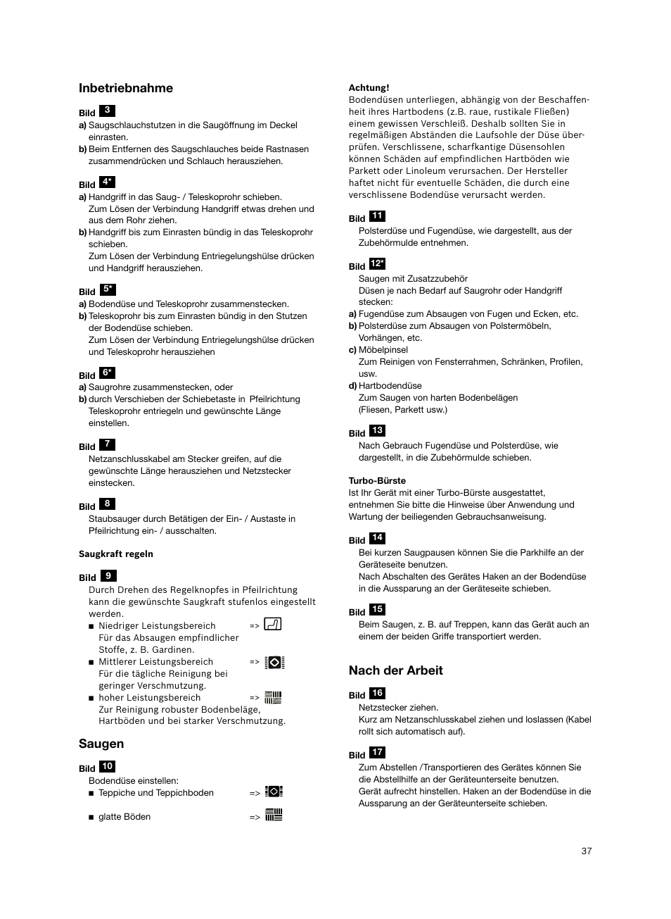 Inbetriebnahme, Saugen, Nach der arbeit | Siemens VS06G2424 User Manual | Page 38 / 108