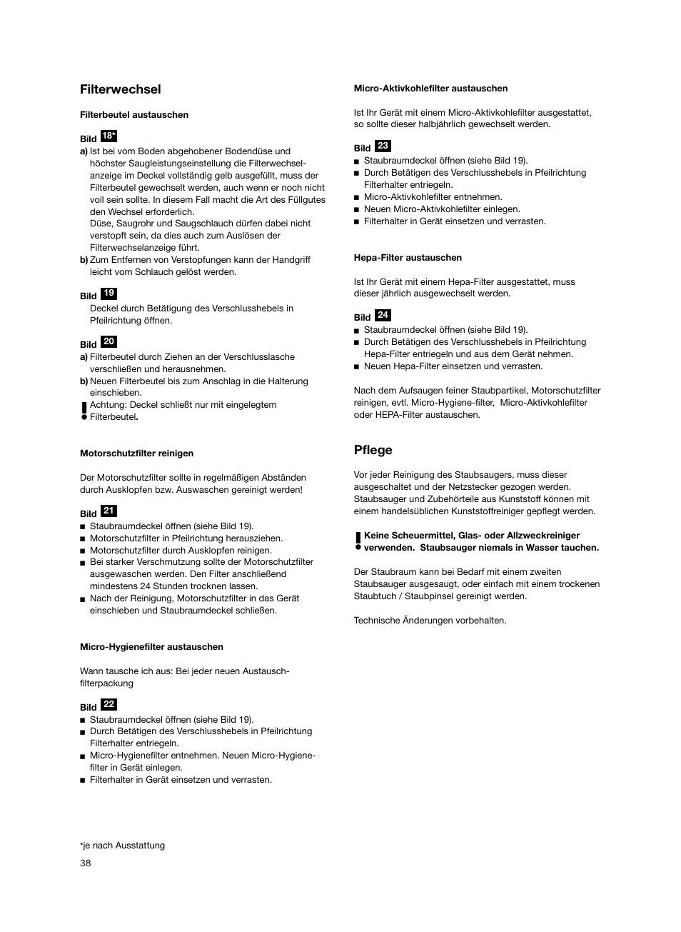 Filterwechsel, Pflege | Siemens VS06G2424 User Manual | Page 39 / 108