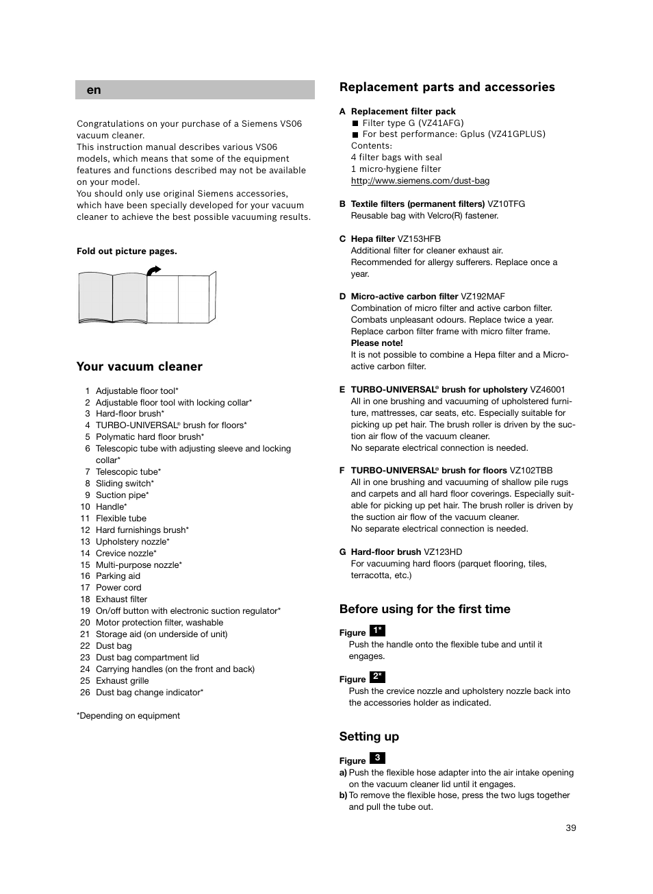 Your vacuum cleaner, Replacement parts and accessories, Before using for the first time | Setting up | Siemens VS06G2424 User Manual | Page 40 / 108