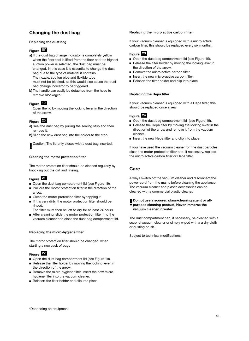 Changing the dust bag, Care | Siemens VS06G2424 User Manual | Page 42 / 108