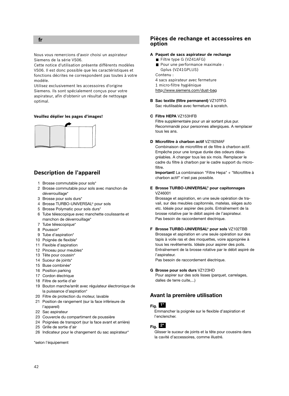 Description de l’appareil, Pièces de rechange et accessoires en option, Avant la première utilisation | Siemens VS06G2424 User Manual | Page 43 / 108