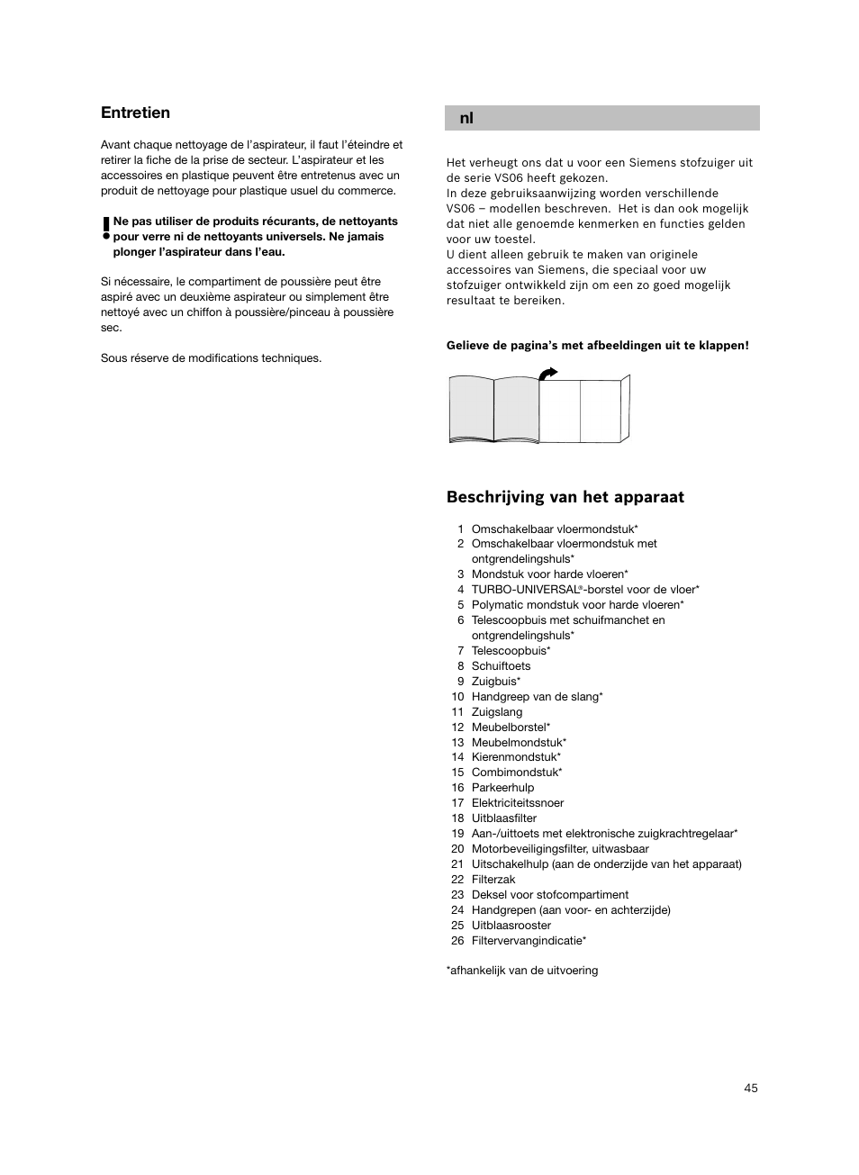 Beschrijving van het apparaat, Entretien | Siemens VS06G2424 User Manual | Page 46 / 108