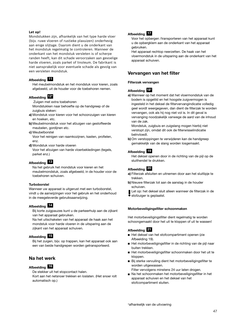 Na het werk, Vervangen van het filter | Siemens VS06G2424 User Manual | Page 48 / 108