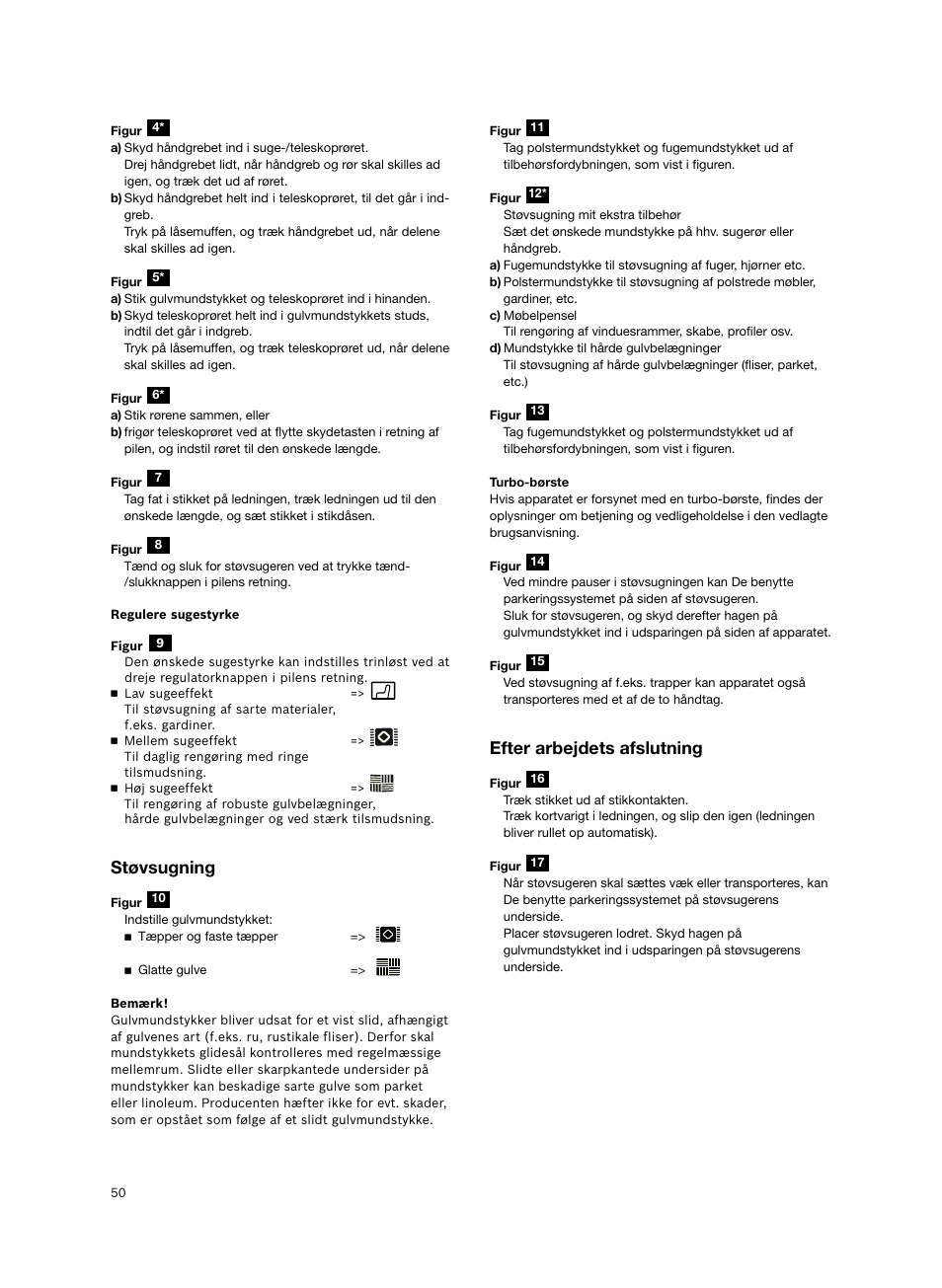 Støvsugning, Efter arbejdets afslutning | Siemens VS06G2424 User Manual | Page 51 / 108