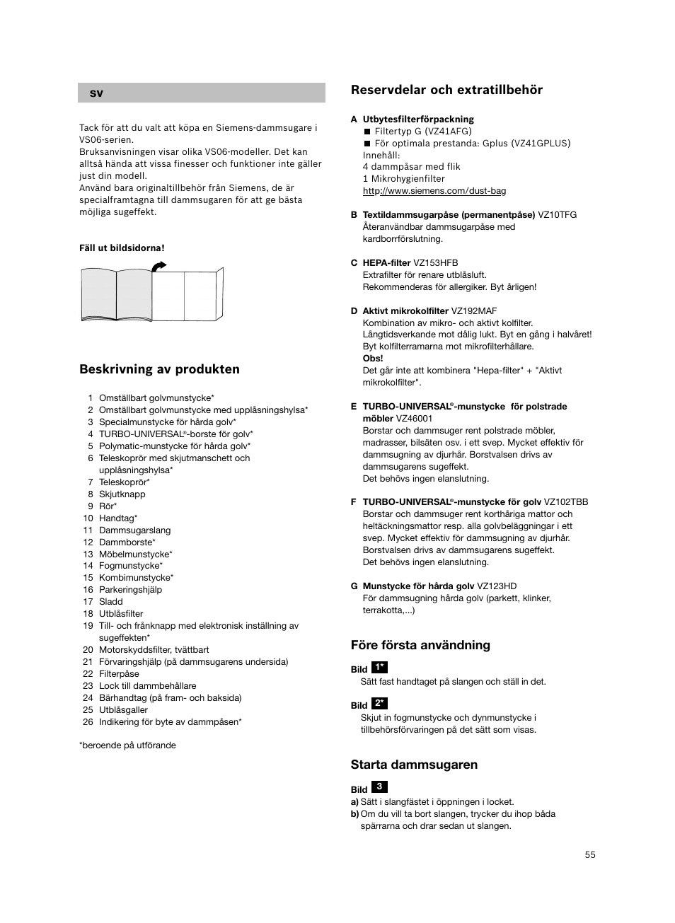 Beskrivning av produkten, Reservdelar och extratillbehör, Före första användning | Starta dammsugaren | Siemens VS06G2424 User Manual | Page 56 / 108