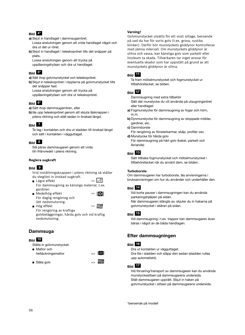 Dammsuga, Efter dammsugningen | Siemens VS06G2424 User Manual | Page 57 / 108