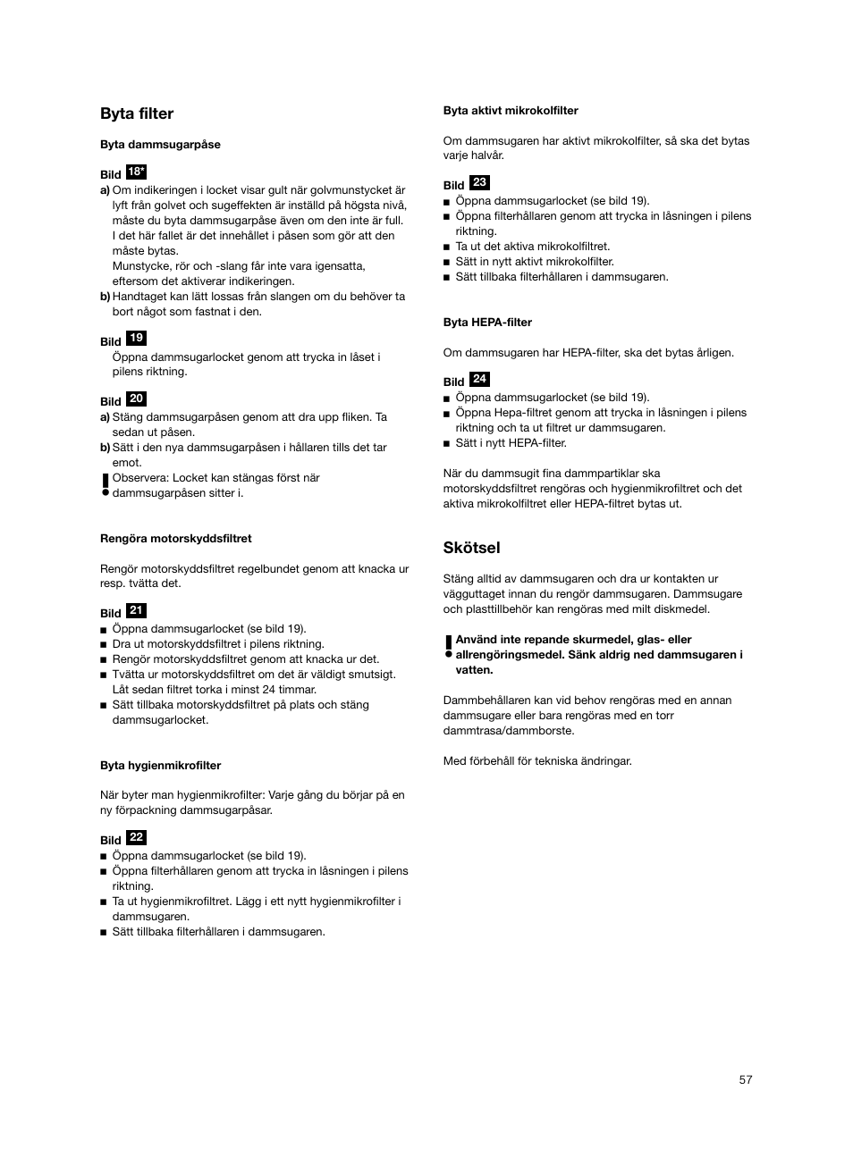 Byta filter, Skötsel | Siemens VS06G2424 User Manual | Page 58 / 108