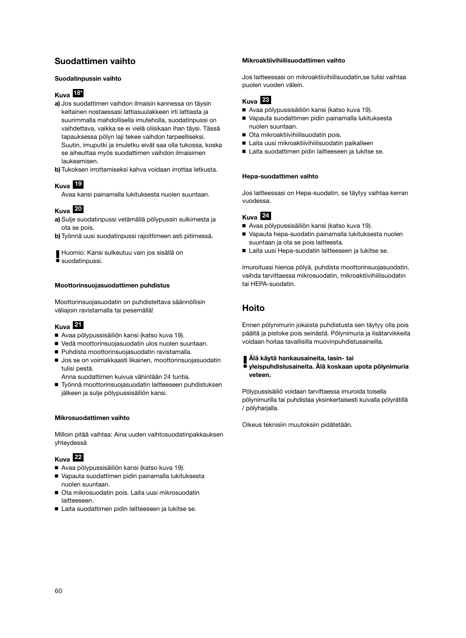 Suodattimen vaihto, Hoito | Siemens VS06G2424 User Manual | Page 61 / 108