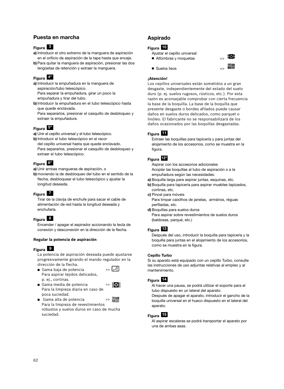 Puesta en marcha, Aspirado | Siemens VS06G2424 User Manual | Page 63 / 108