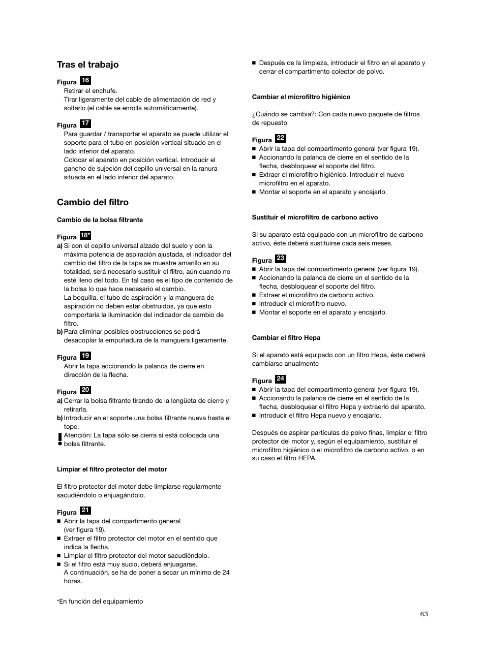 Tras el trabajo, Cambio del filtro | Siemens VS06G2424 User Manual | Page 64 / 108