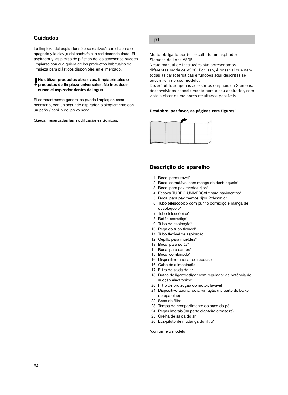 Descrição do aparelho, Cuidados | Siemens VS06G2424 User Manual | Page 65 / 108