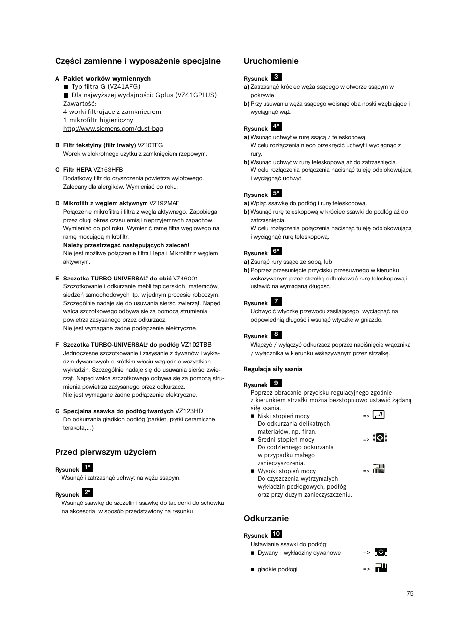 Części zamienne i wyposażenie specjalne, Przed pierwszym użyciem, Uruchomienie | Odkurzanie | Siemens VS06G2424 User Manual | Page 76 / 108