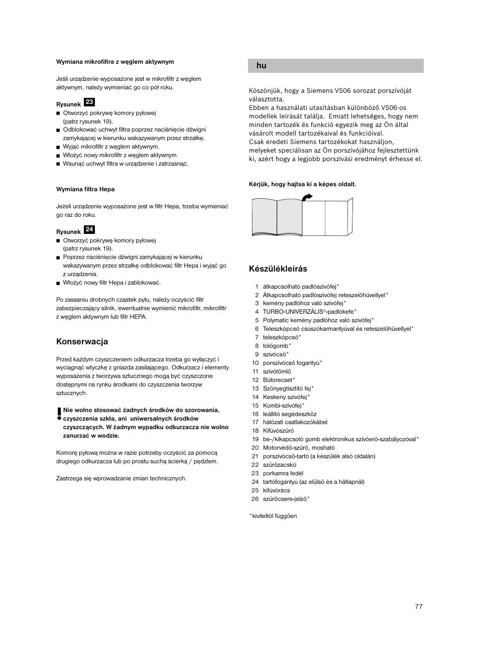 Készülékleírás, Konserwacja | Siemens VS06G2424 User Manual | Page 78 / 108