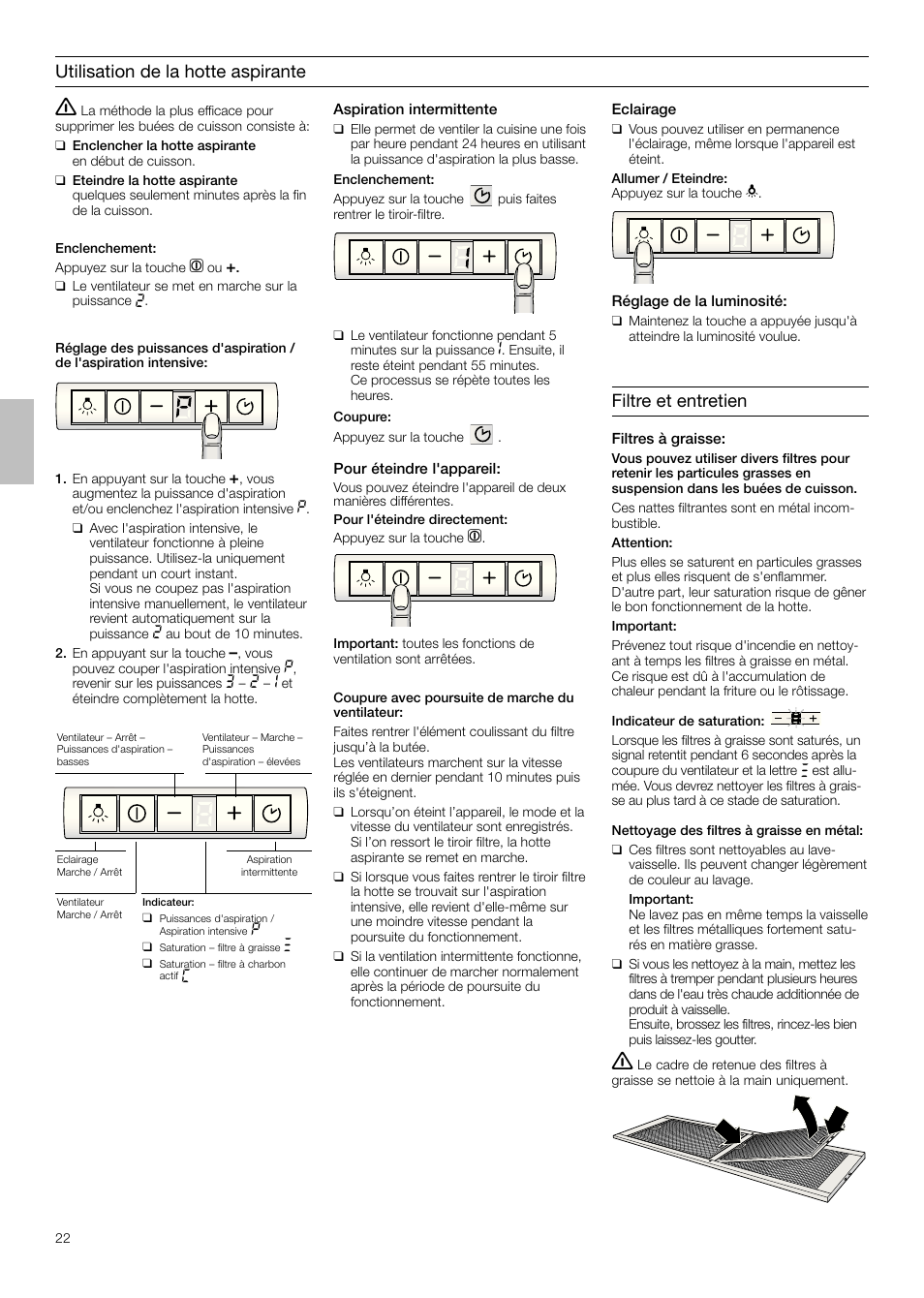 Utilisation de la hotte aspirante, Filtre et entretien | Siemens LI48932 User Manual | Page 22 / 68