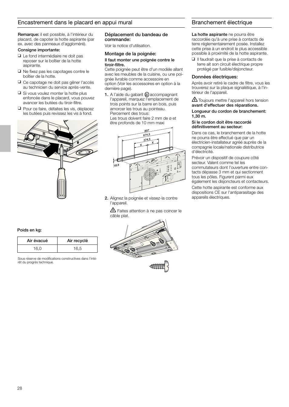 Encastrement dans le placard en appui mural, Branchement électrique | Siemens LI48932 User Manual | Page 28 / 68