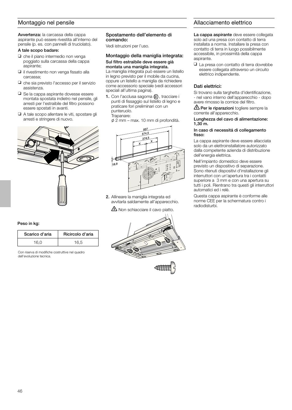 Montaggio nel pensile, Allacciamento elettrico | Siemens LI48932 User Manual | Page 46 / 68