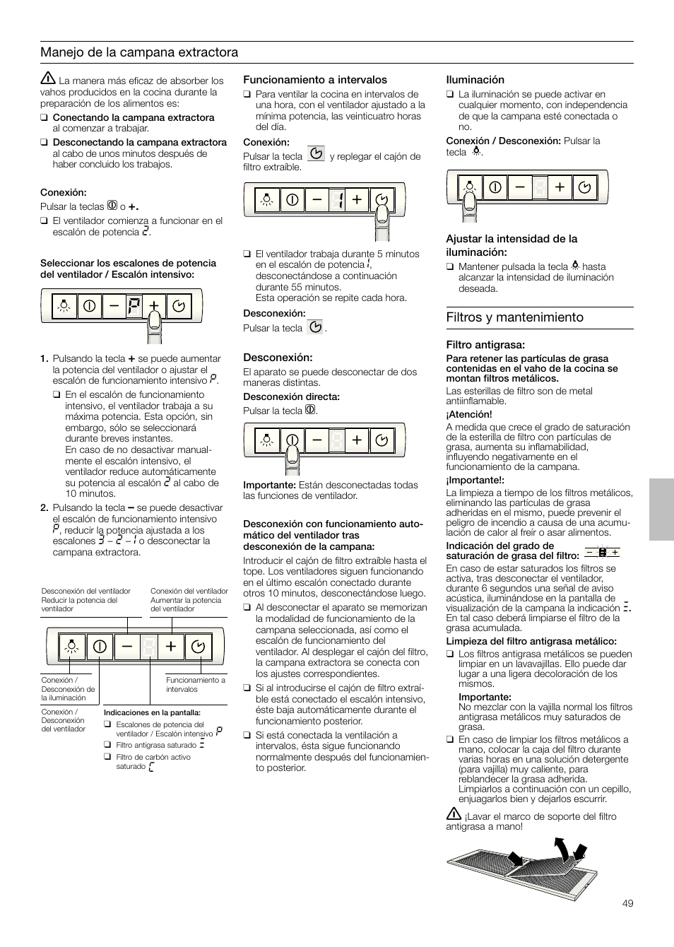 Manejo de la campana extractora, Filtros y mantenimiento | Siemens LI48932 User Manual | Page 49 / 68