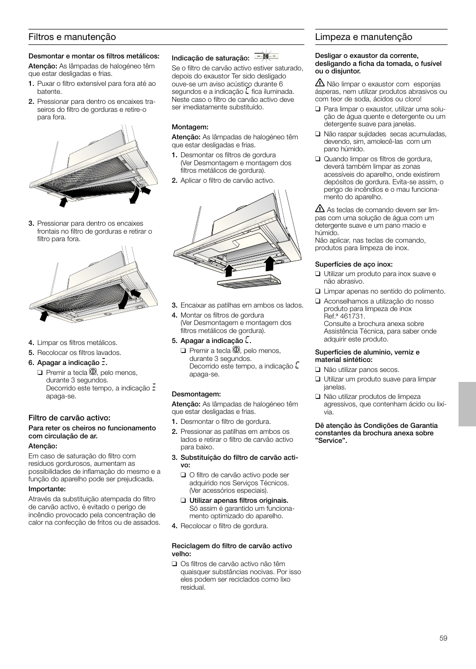 Filtros e manutenção, Limpeza e manutenção | Siemens LI48932 User Manual | Page 59 / 68