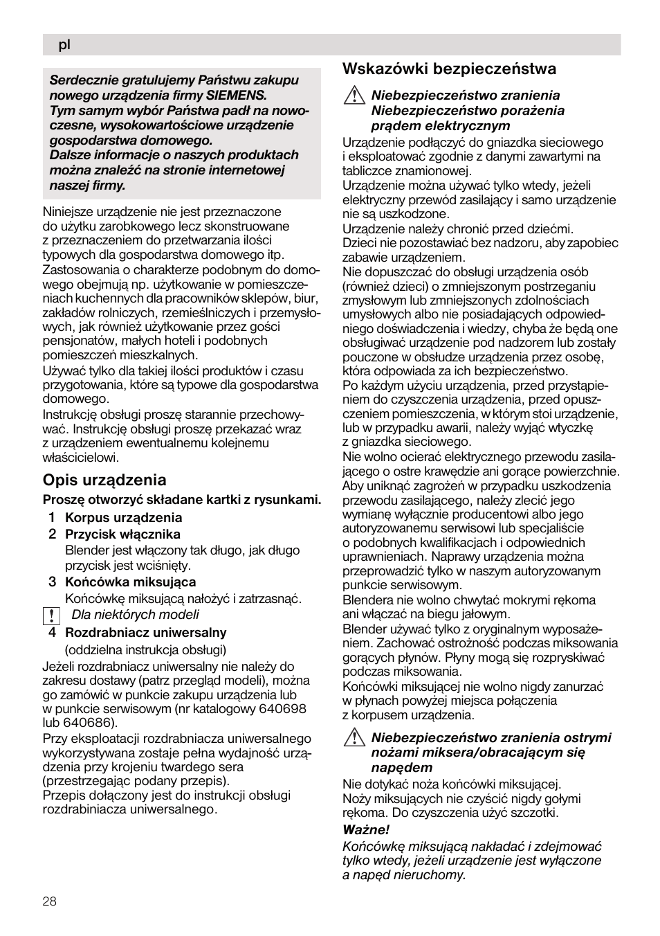 Opis urz¹dzenia, Wskazówki bezpieczeñstwa | Siemens MQ5B100N User Manual | Page 28 / 44