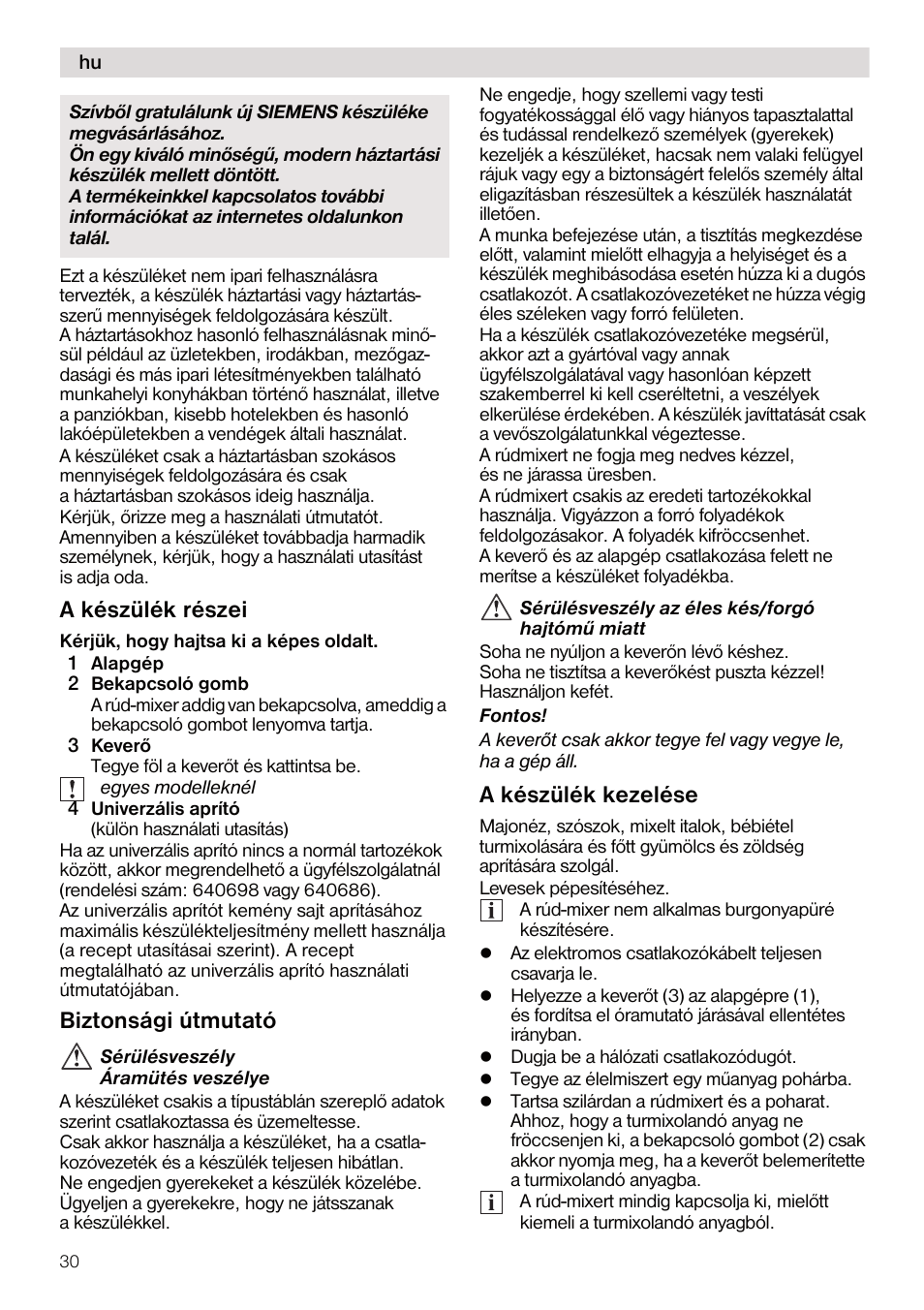 A készülék részei, Biztonsági útmutató, A készülék kezelése | Siemens MQ5B100N User Manual | Page 30 / 44