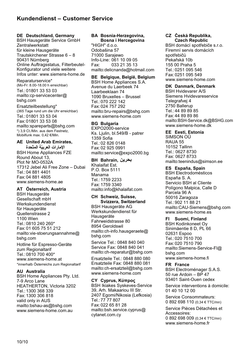 Ϧϳήτα, Kundendienst – customer service | Siemens MQ5B100N User Manual | Page 40 / 44